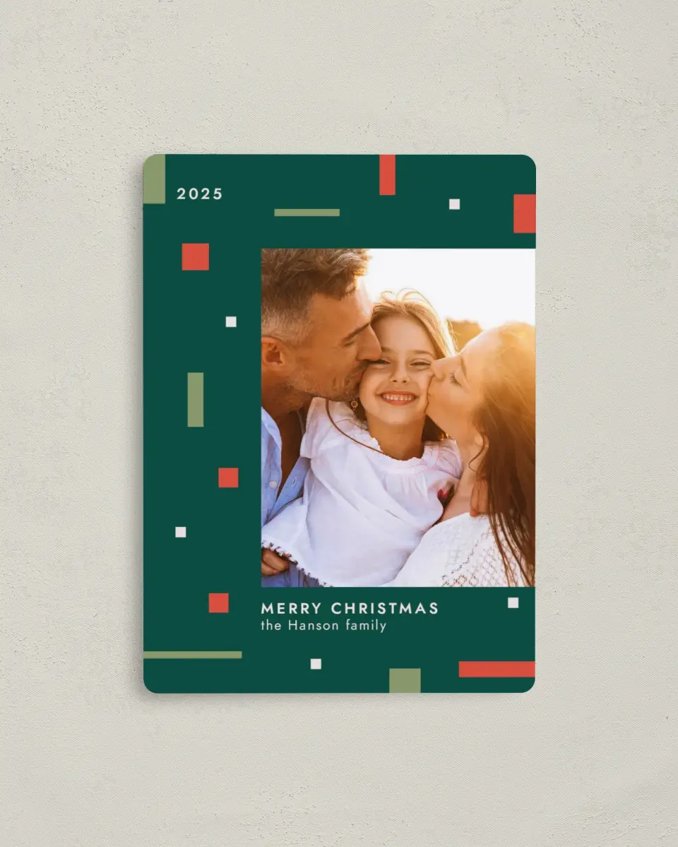 This is a 4" x 5½" Christmas Card called Festive Bitmap printed in full color with a Luxe Satin finish