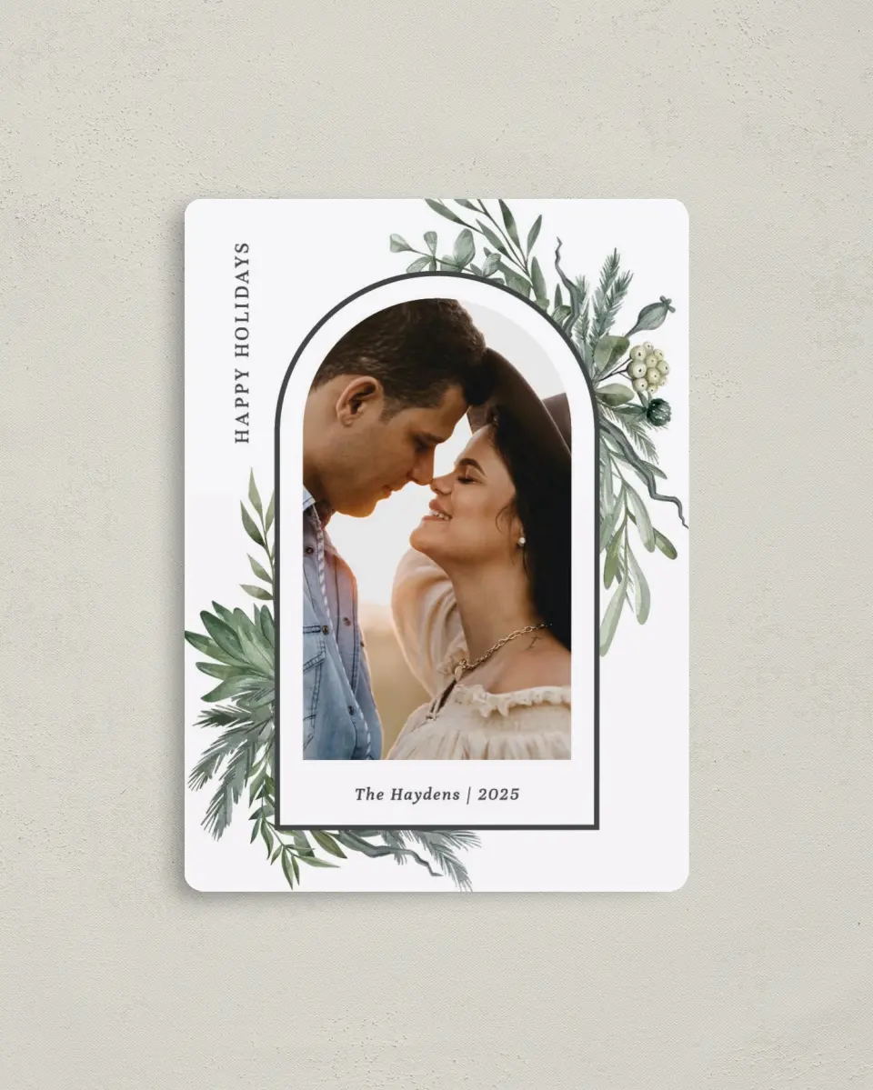 This is a 4" x 5½" Christmas Card called Greenery Greetings printed in full color with a Luxe Satin finish
