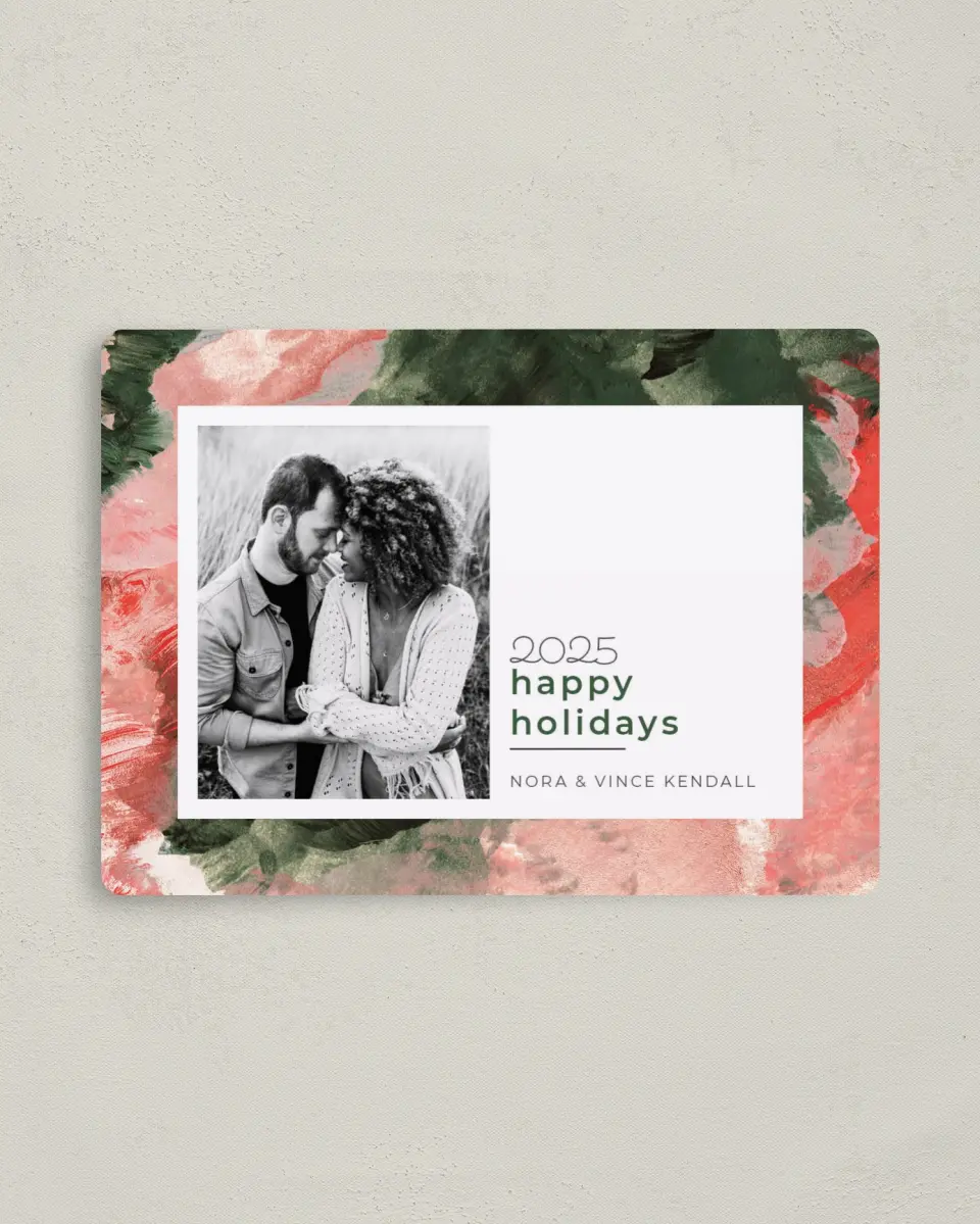 This is a 4" x 5½" Christmas Card called Painted Tradition printed in full color with a Luxe Satin finish