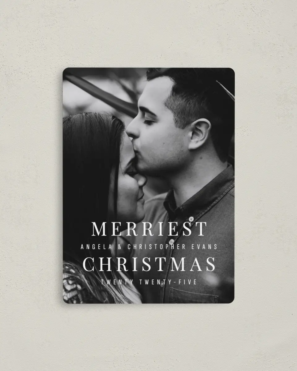This is a 4" x 5½" Christmas Card called Merriest Memory printed in full color with a Luxe Satin finish