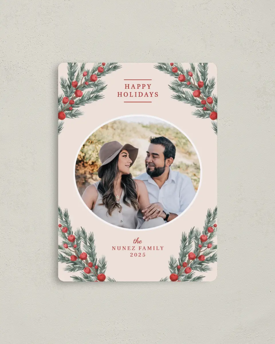 This is a 4" x 5½" Christmas Card called Fruitful Garland printed in full color with a Luxe Satin finish
