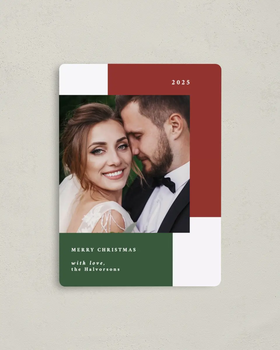 This is a 4" x 5½" Christmas Card called Mod Yule printed in full color with Rose Gold foil and a Luxe Satin finish
