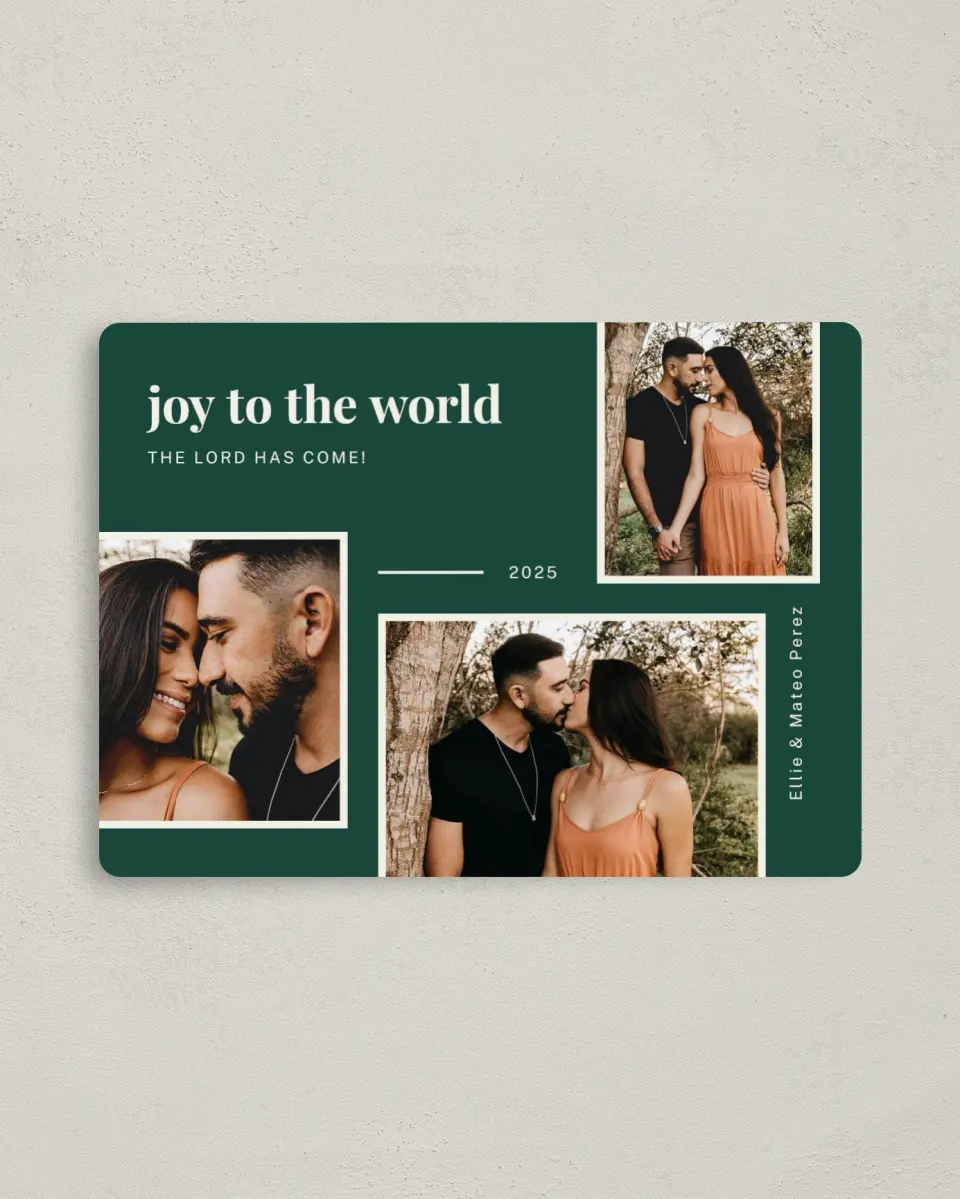 This is a 4" x 5½" Christmas Card called Joy Comes printed in full color with a Luxe Satin finish