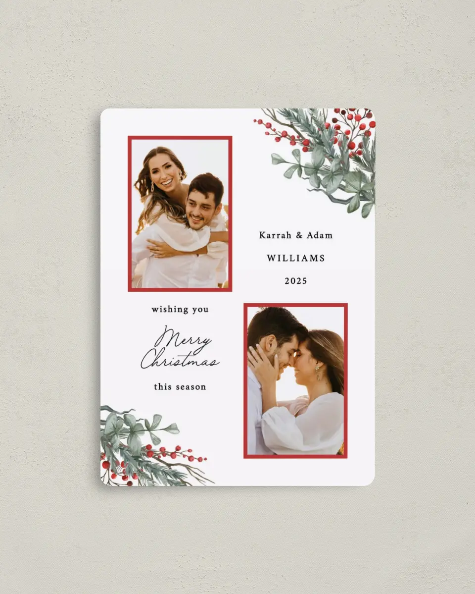 This is a 4" x 5½" Christmas Card called Berry Christmas printed in full color with a Luxe Satin finish