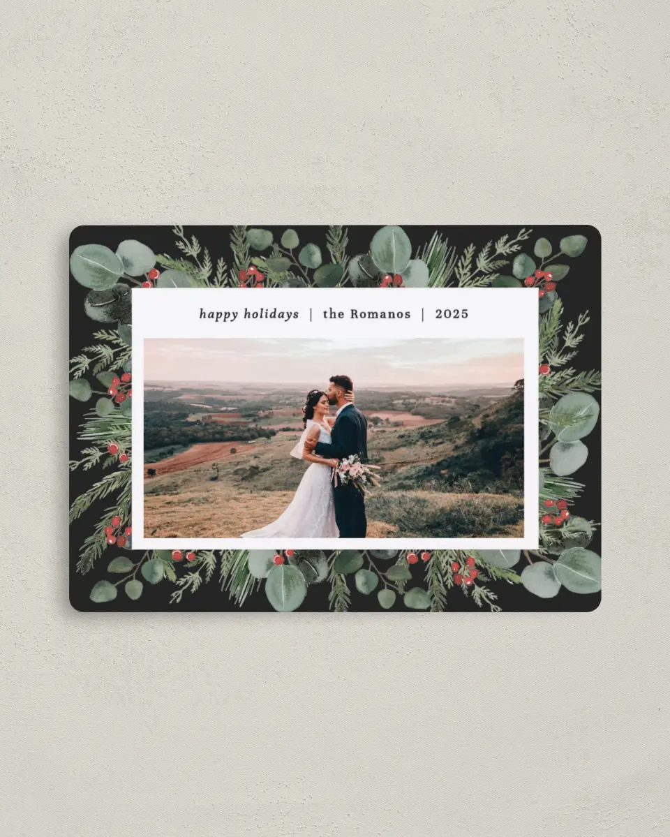 This is a 4" x 5½" Christmas Card called Laurel Crown printed in full color with a Luxe Satin finish