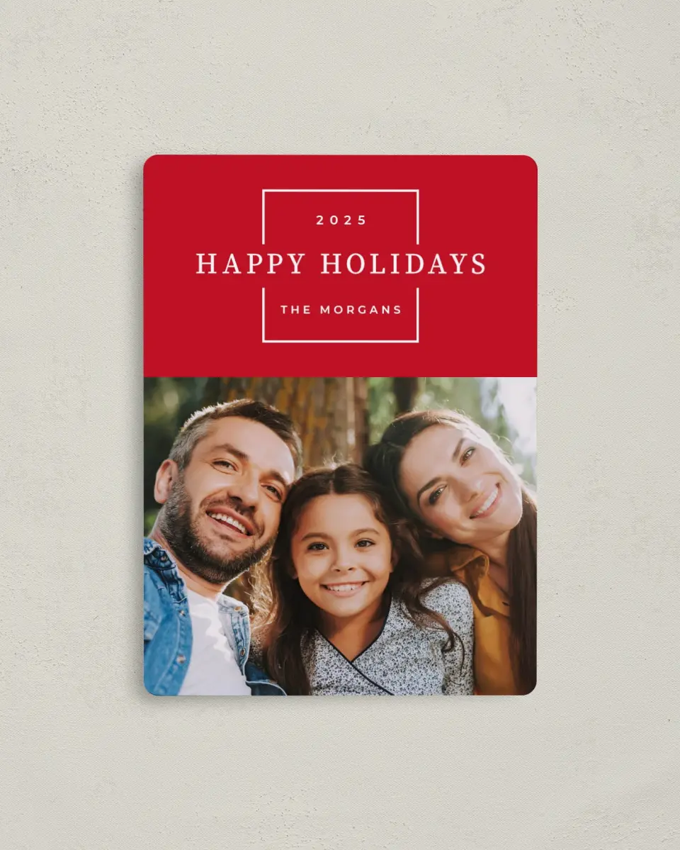 This is a 4" x 5½" Christmas Card called Slim Square printed in full color with a Luxe Satin finish