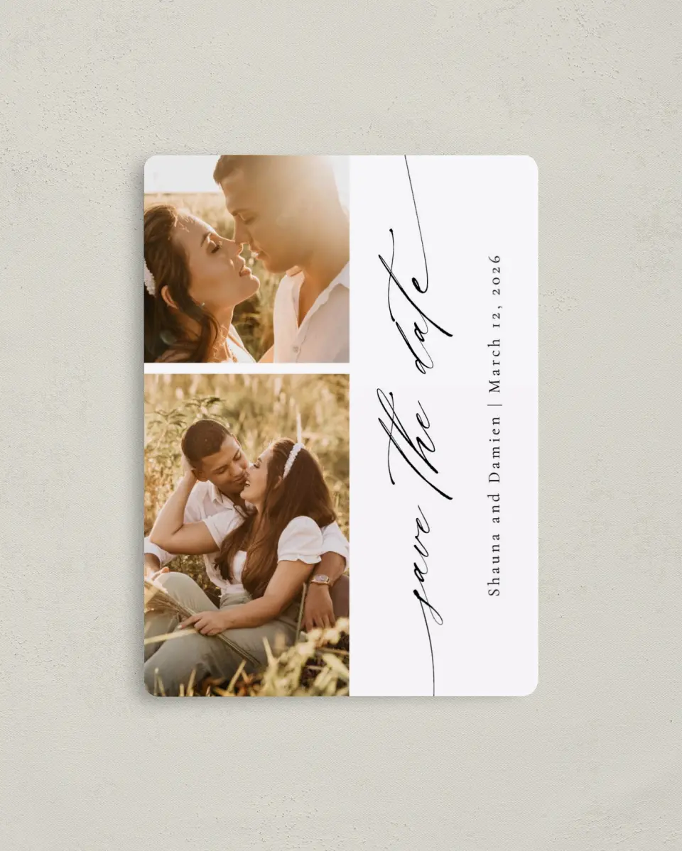 This is a 4" x 5½" Save the Date Magnet called Special Script printed in full color with Rose Gold foil and a Luxe Satin finish