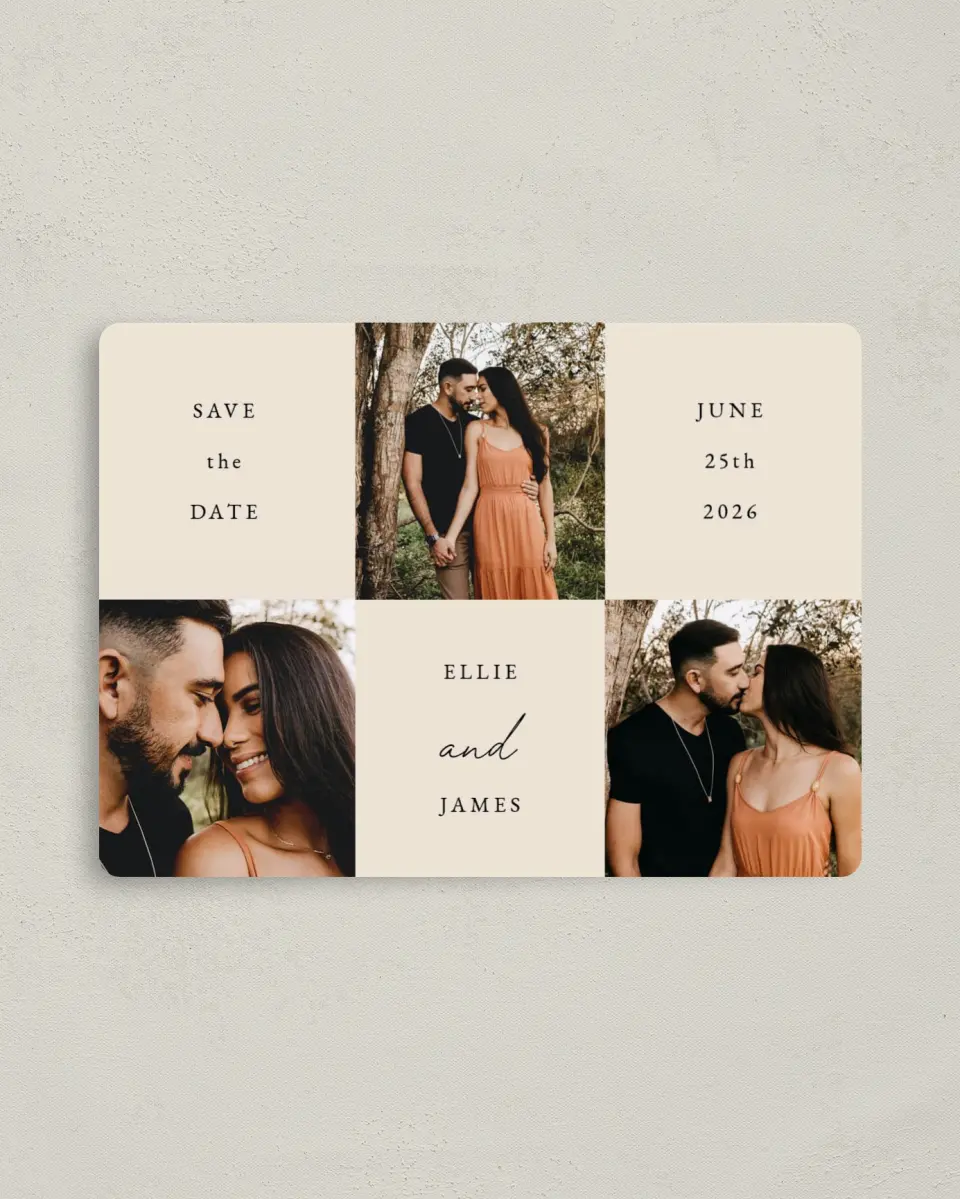 This is a 4" x 5½" Save the Date Magnet called Quiet Affection printed in full color with a Luxe Satin finish