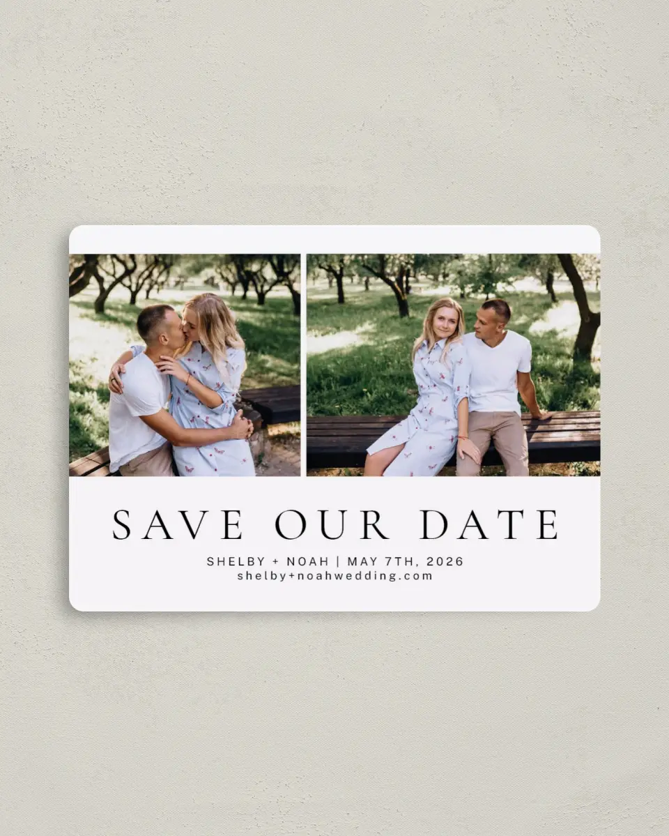 This is a 4" x 5½" Save the Date Magnet called Grand Devotion printed in full color with a Luxe Satin finish