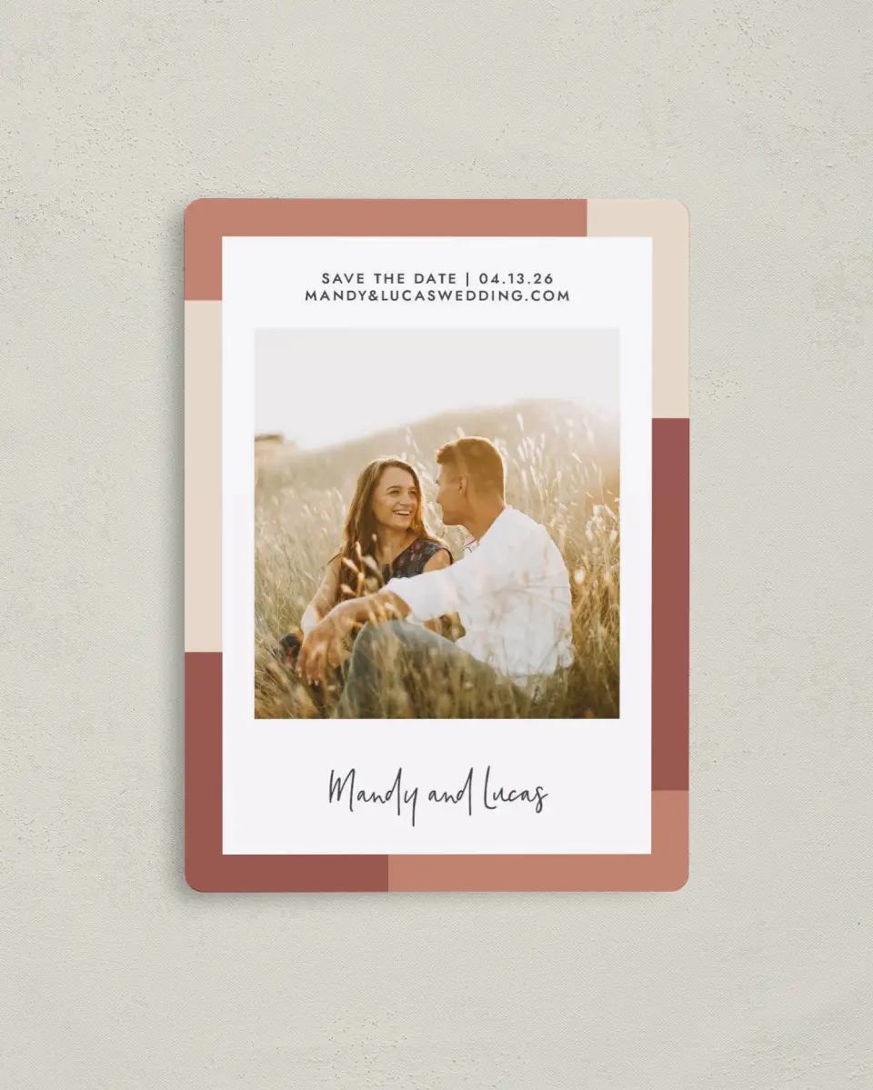 This is a 4" x 5½" Save the Date Magnet called Sweet Frame printed in full color with a Luxe Satin finish