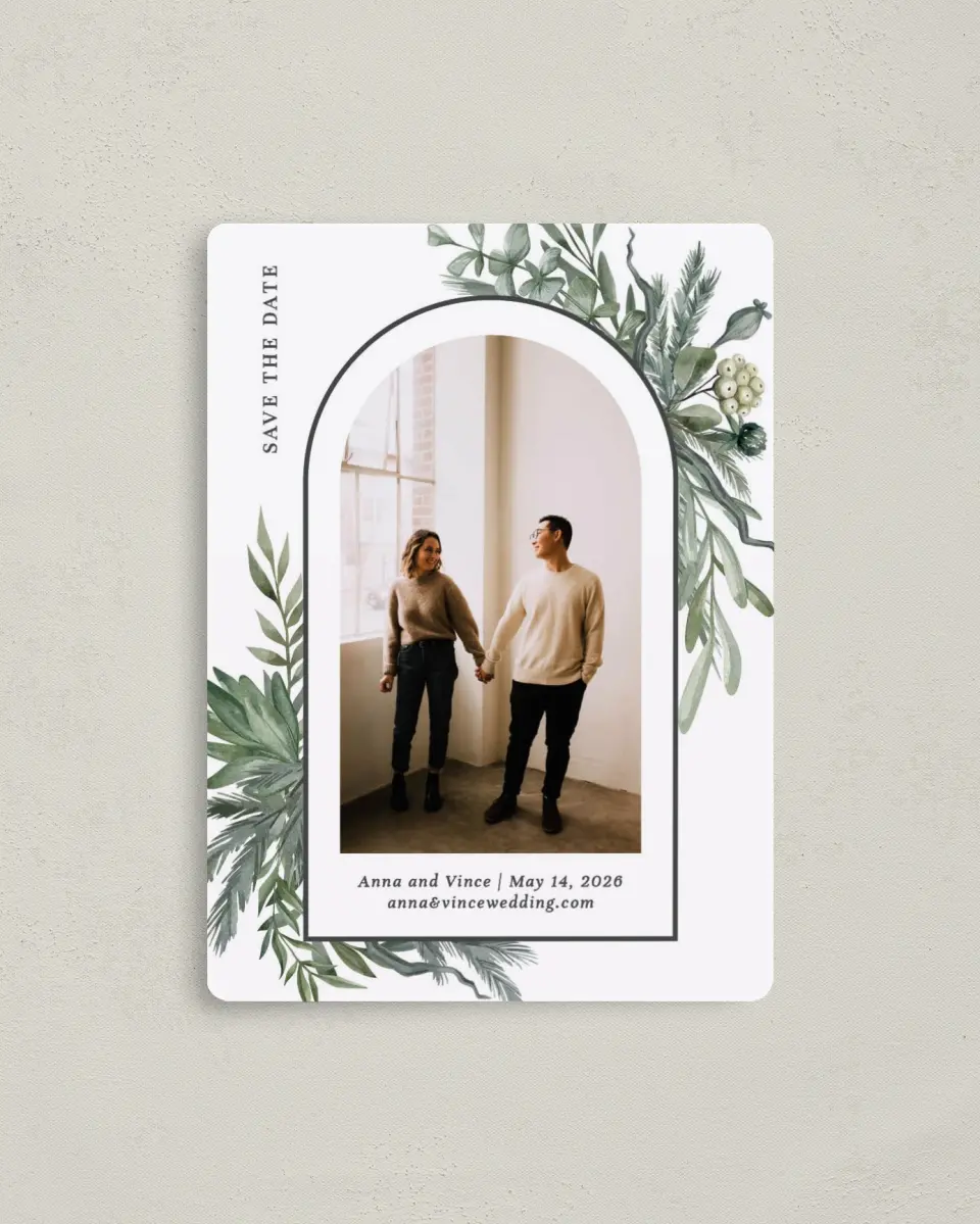 This is a 4" x 5½" Save the Date Magnet called Greenery Arch printed in full color with a Luxe Satin finish
