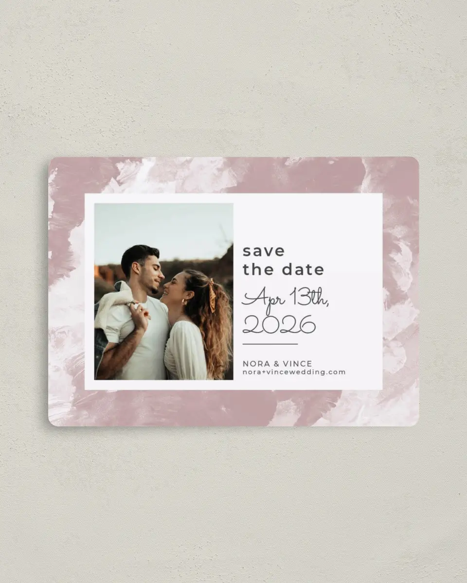 This is a 4" x 5½" Save the Date Magnet called Painted Passion printed in full color with a Luxe Satin finish