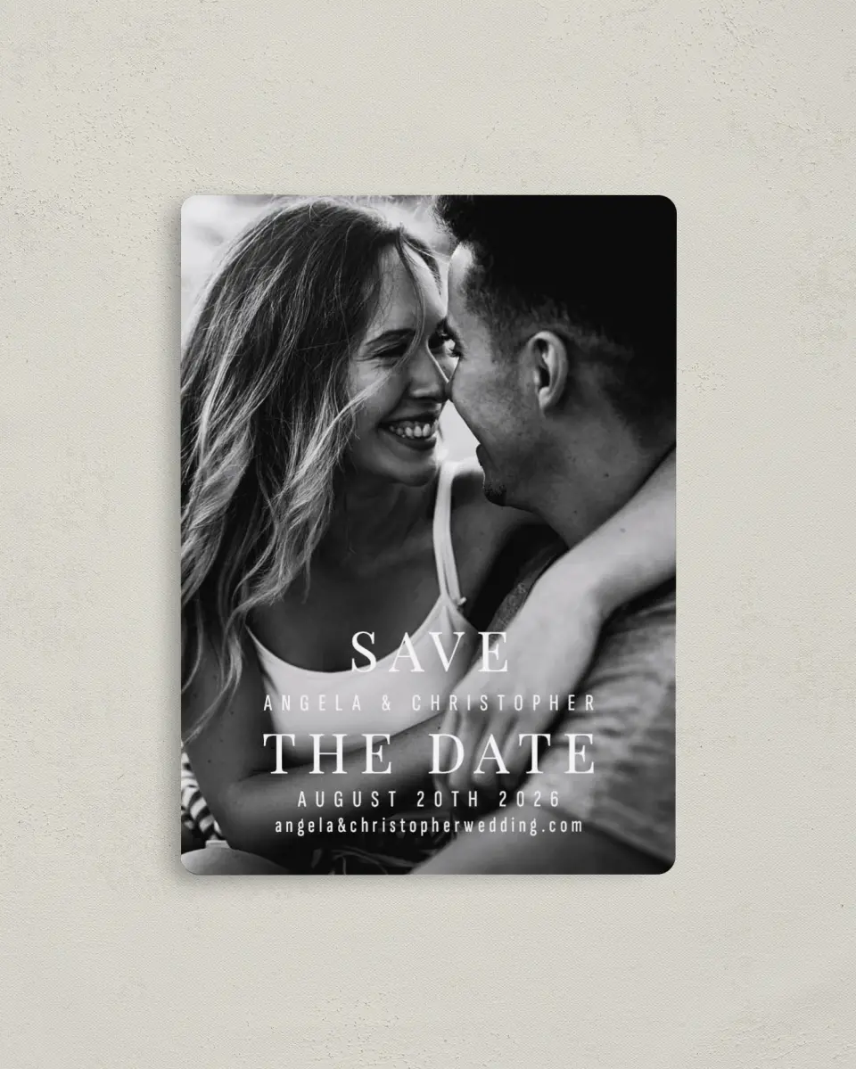 This is a 4" x 5½" Save the Date Magnet called Lovely Memory printed in full color with a Luxe Satin finish
