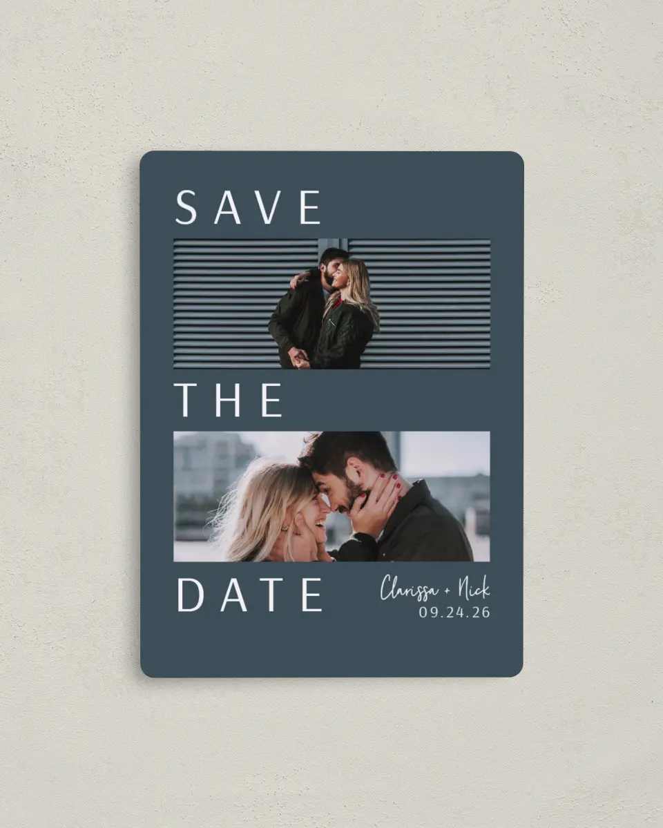 This is a 4" x 5½" Save the Date Magnet called Modest Emotion printed in full color with Gold foil and a Luxe Satin finish