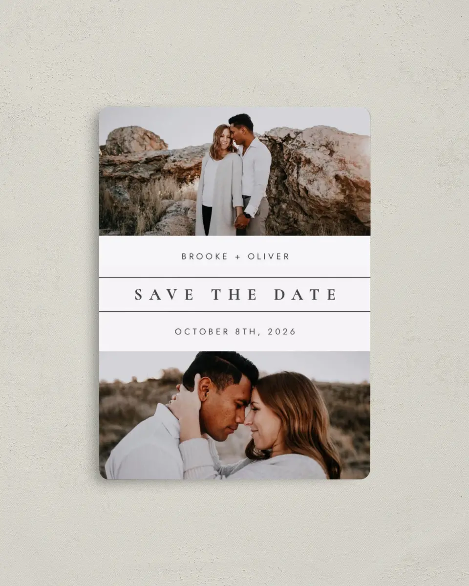 This is a 4" x 5½" Save the Date Magnet called Honest Friendship printed in full color with Silver foil and a Luxe Satin finish