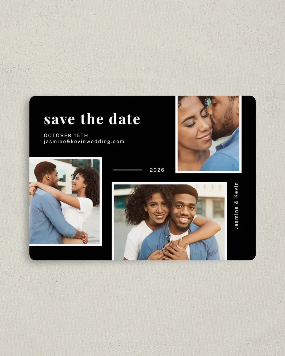 This is a 4" x 5½" Save the Date Magnet called Secure Joy printed in full color with a Luxe Satin finish