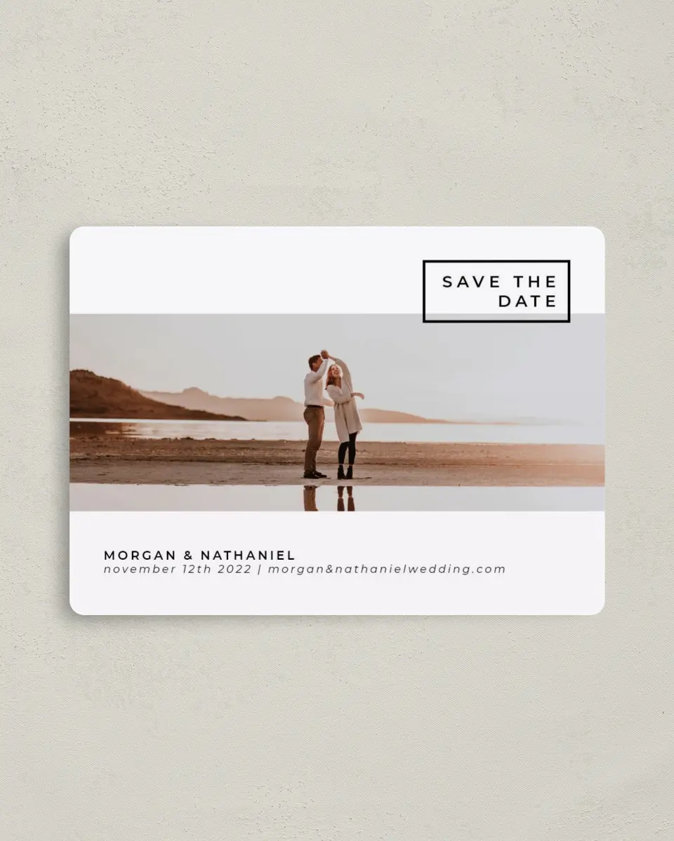 This is a 4" x 5½" Save the Date Magnet called Passionate Panorama printed in full color with a Luxe Satin finish