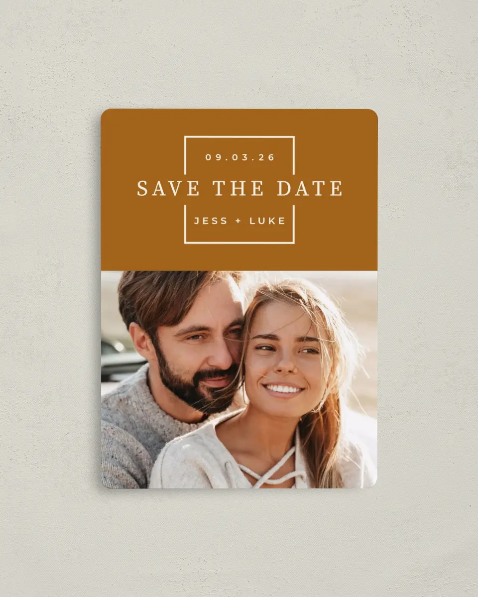 This is a 4" x 5½" Save the Date Magnet called Sentimental Square printed in full color with a Luxe Satin finish