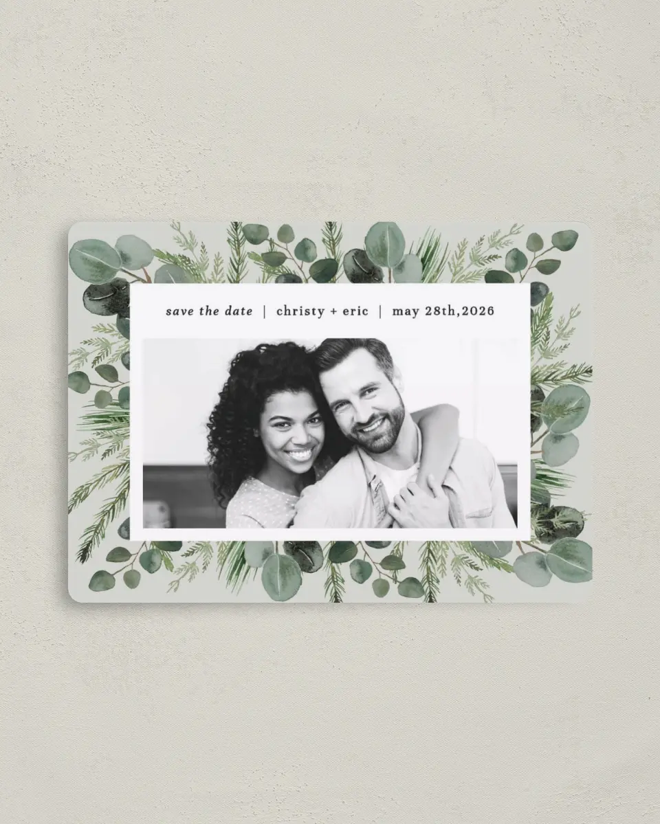This is a 4" x 5½" Save the Date Magnet called Laurel Squeeze printed in full color with a Luxe Satin finish