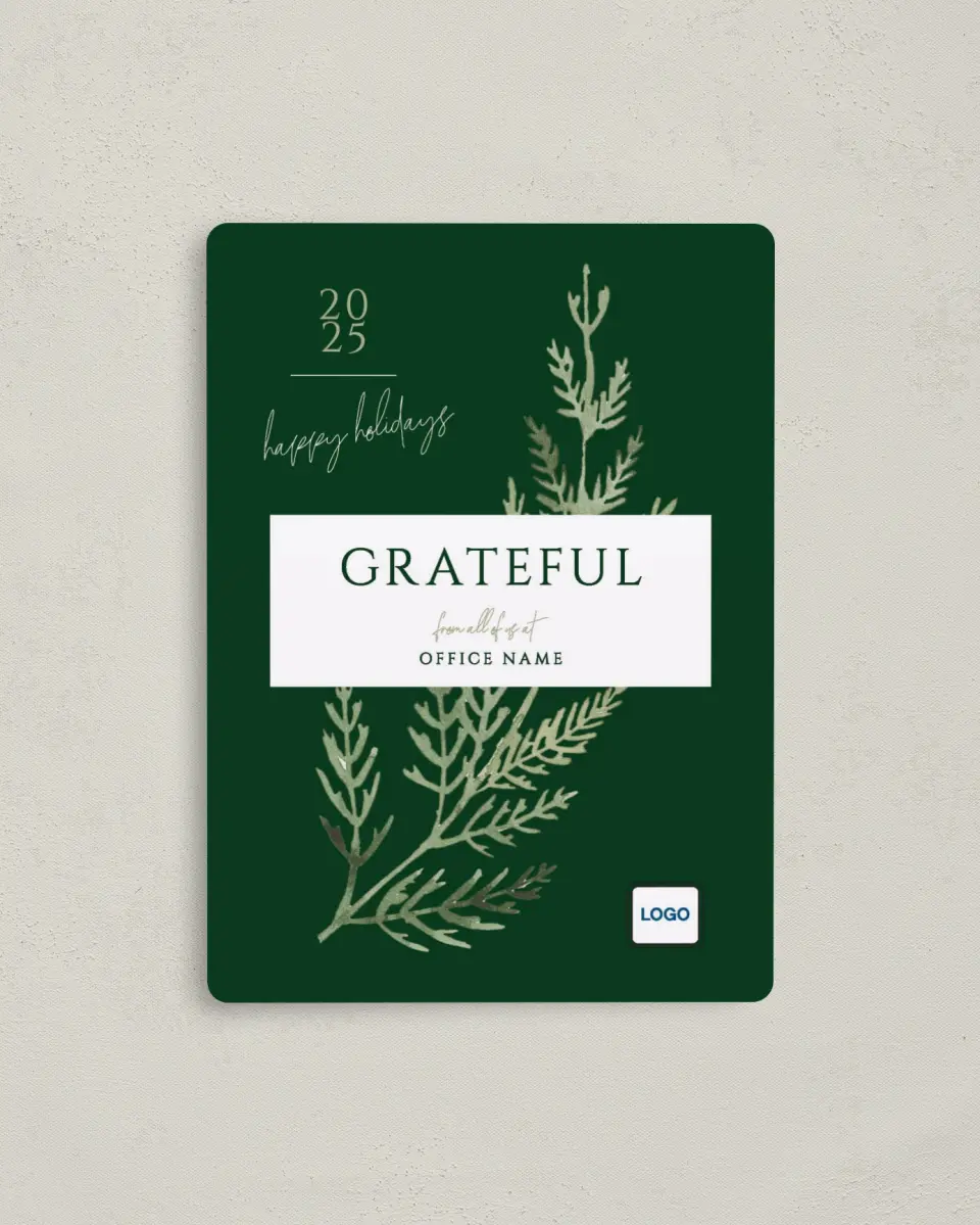 This is a 4" x 5½" Christmas Card called Grateful Sprig printed in full color with Rose Gold foil and a Luxe Satin finish