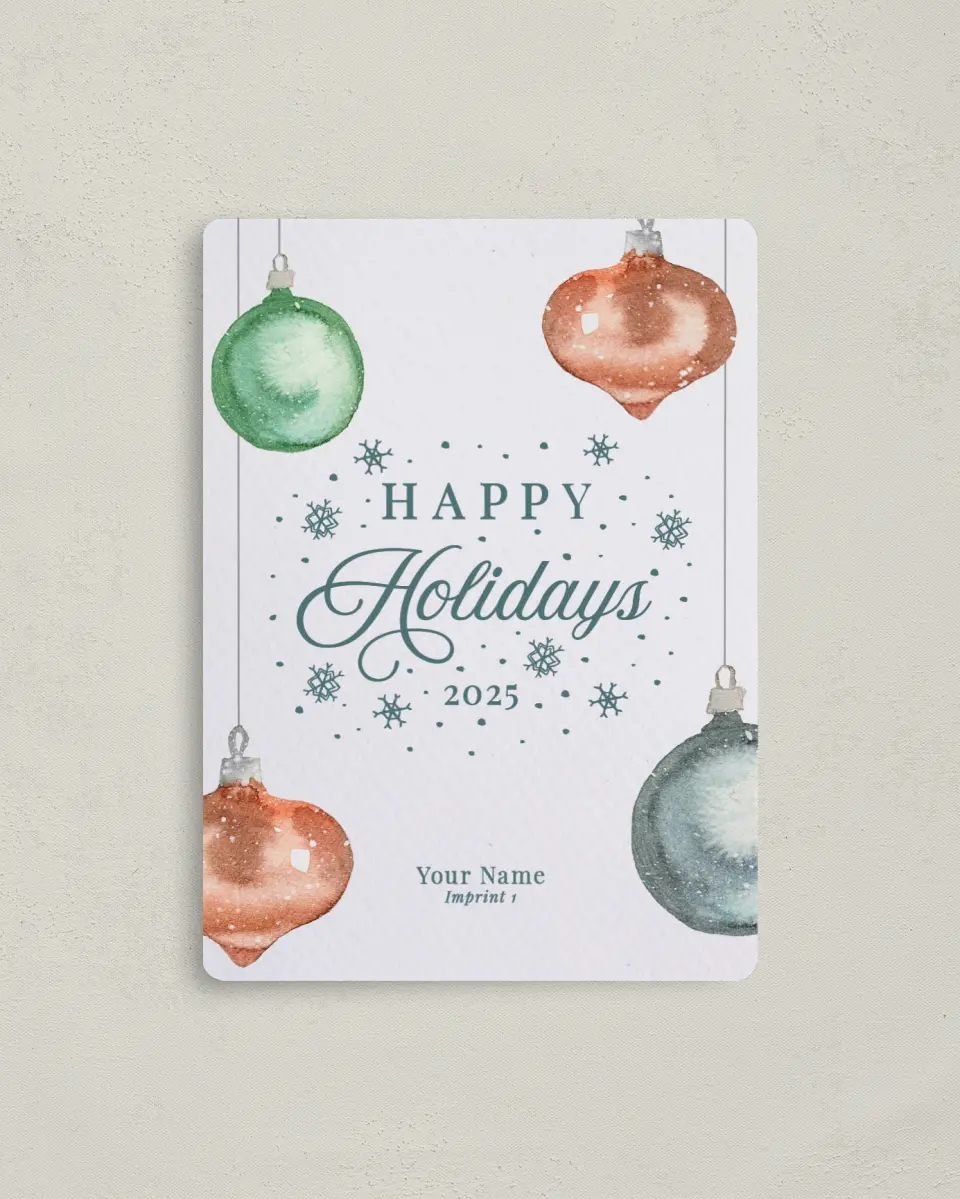 This is a 4" x 5½" Christmas Card called Holiday Ornaments printed in full color with a Luxe Satin finish