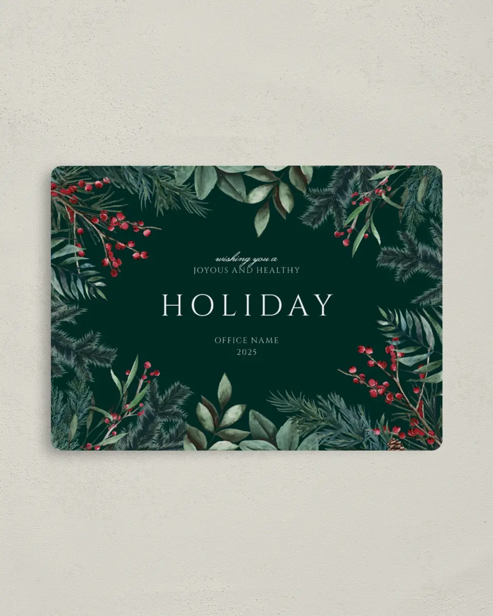 This is a 4" x 5½" Christmas Card called Festive Frame printed in full color with Rose Gold foil and a Luxe Satin finish