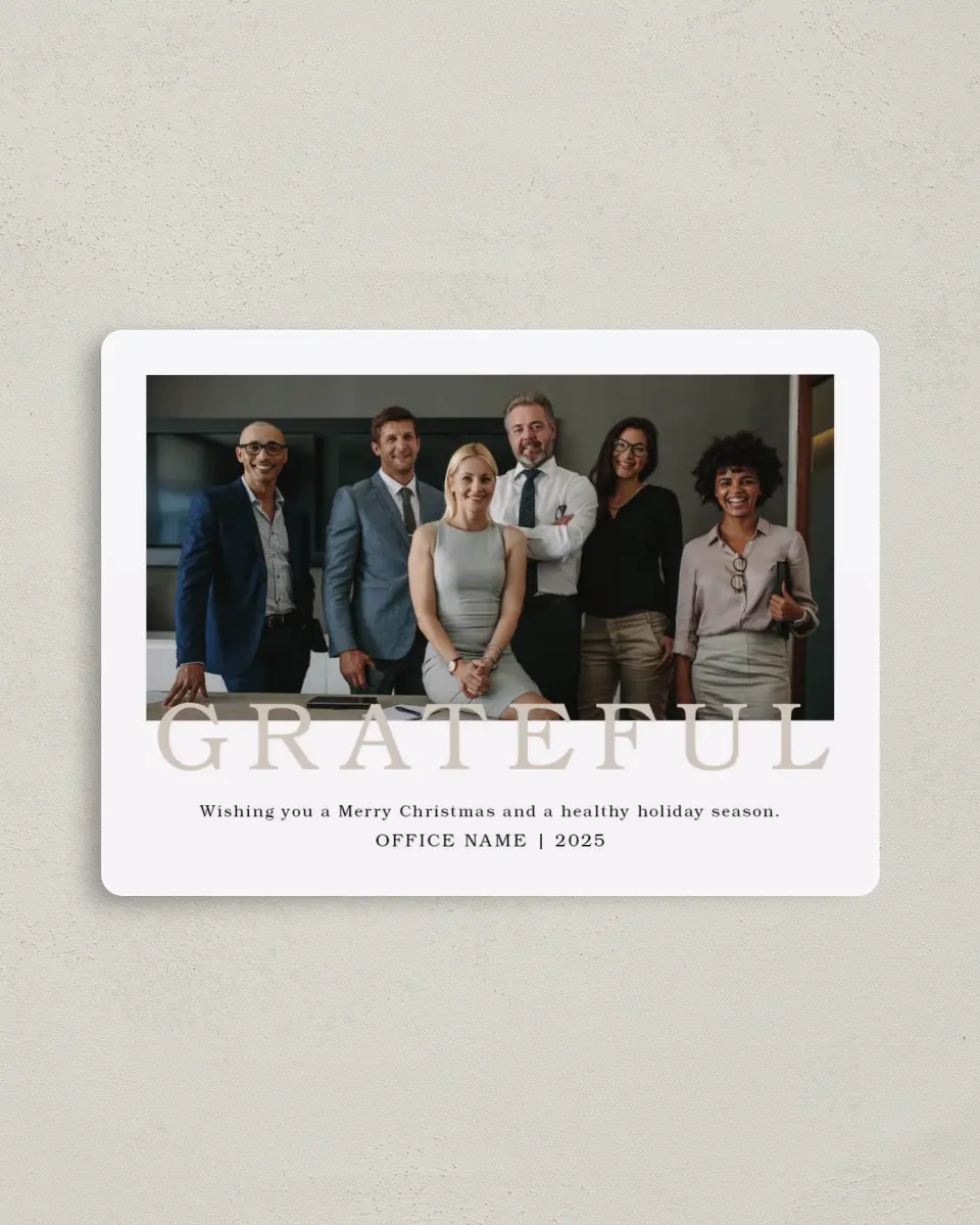 This is a 4" x 5½" Christmas Card called Grateful Team printed in full color with a Luxe Satin finish