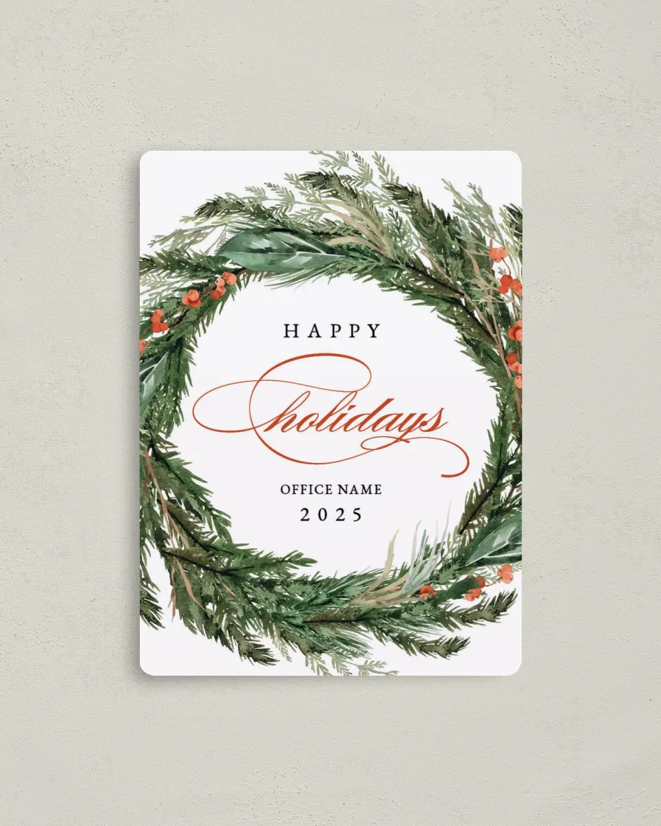 This is a 4" x 5½" Christmas Card called Holiday Laurel printed in full color with Rose Gold foil and a Luxe Satin finish