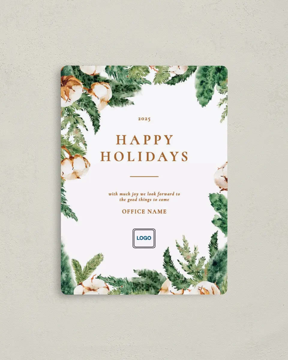 This is a 4" x 5½" Christmas Card called Holiday Greens printed in full color with Rose Gold foil and a Luxe Satin finish