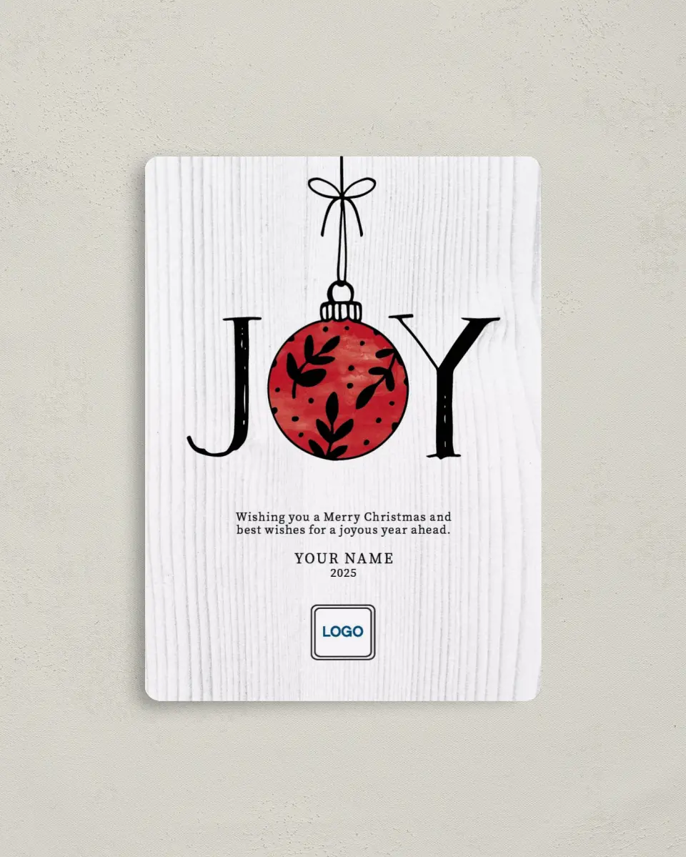 This is a 4" x 5½" Christmas Card called Rustic Joy printed in full color with a Luxe Satin finish