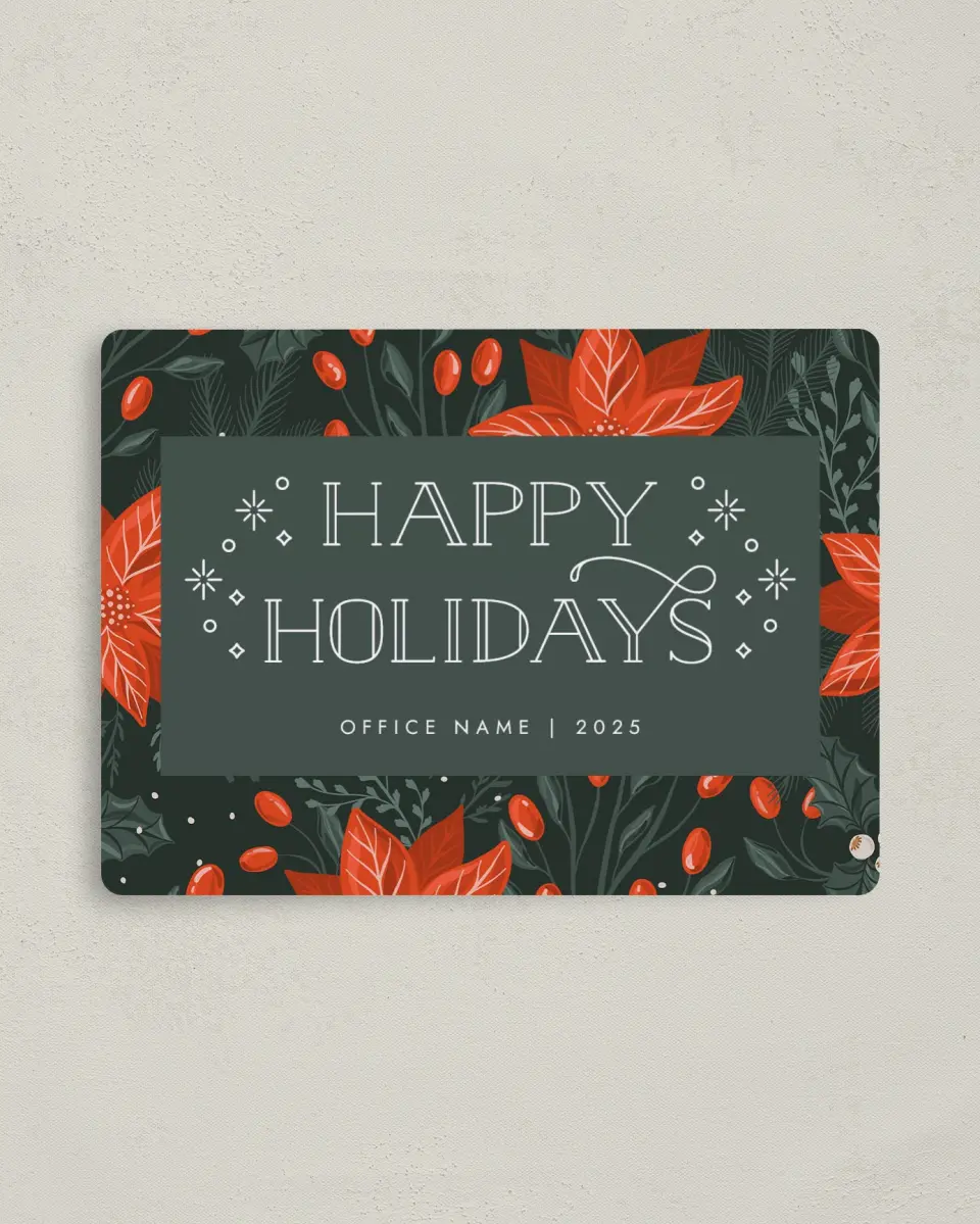 This is a 4" x 5½" Christmas Card called Holiday Poinsettia printed in full color with Rose Gold foil and a Luxe Satin finish