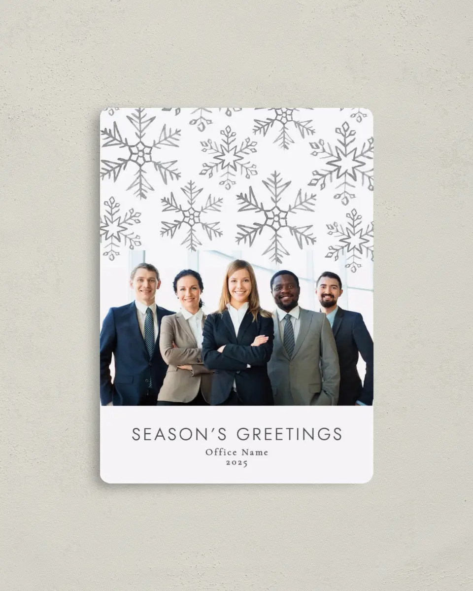 This is a 4" x 5½" Christmas Card called Smiling Snowfall printed in full color with a Luxe Satin finish