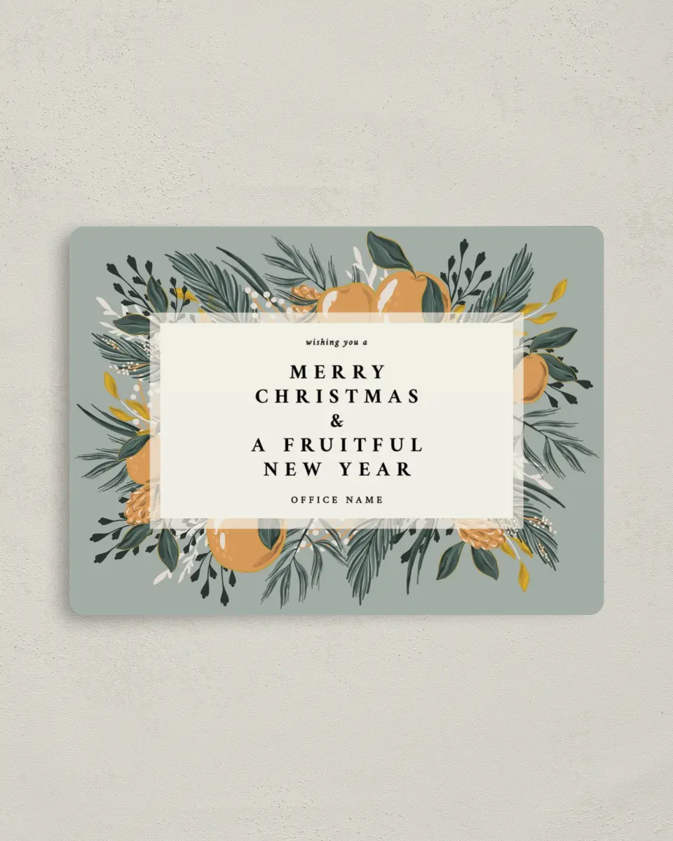 This is a 4" x 5½" Christmas Card called Fruitful Wishes printed in full color with a Luxe Satin finish