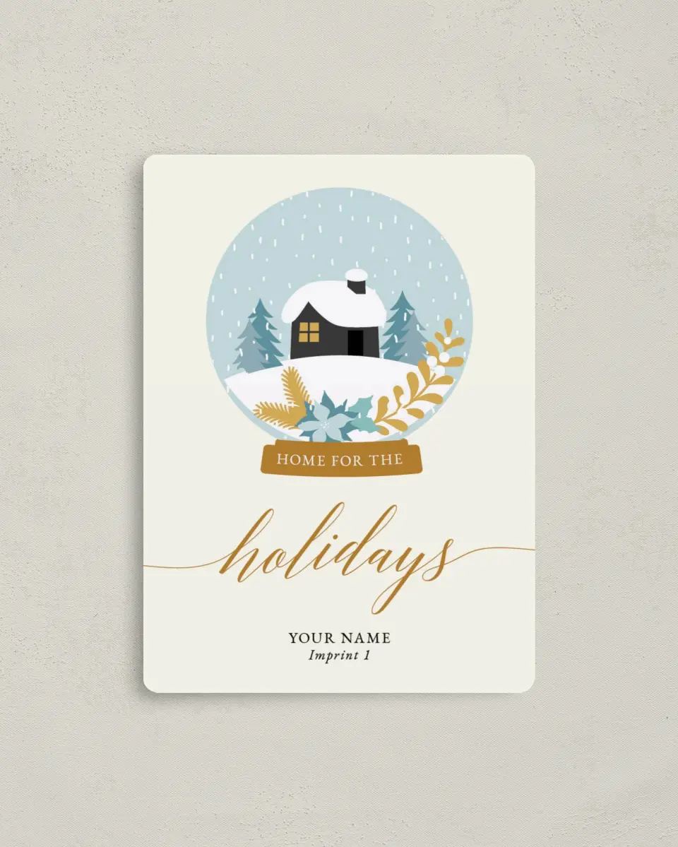 This is a 4" x 5½" Christmas Card called Cozy Snowglobe printed in full color with Rose Gold foil and a Luxe Satin finish