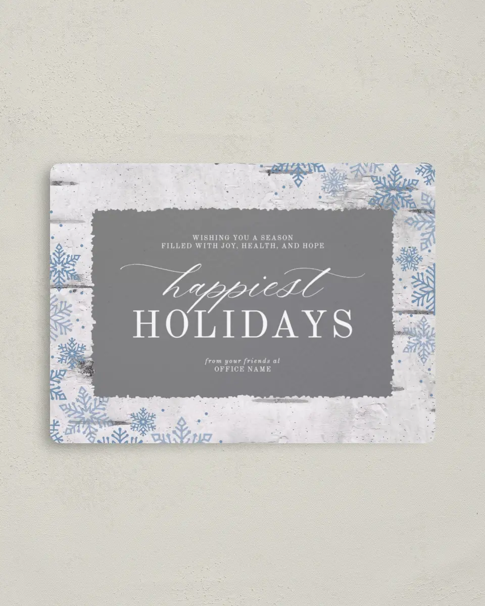 This is a 4" x 5½" Christmas Card called Woodland Greetings printed in full color with Rose Gold foil and a Luxe Satin finish