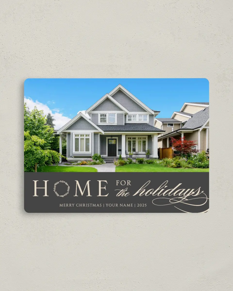 This is a 4" x 5½" Christmas Card called Holiday Homestead printed in full color with Rose Gold foil and a Luxe Satin finish
