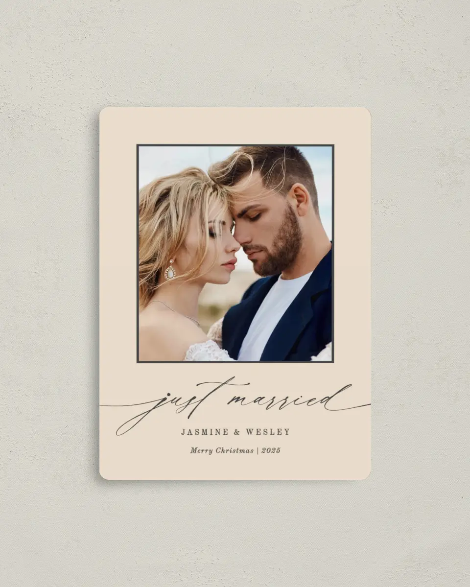 This is a 4" x 5½" Christmas Card called Just Married printed in full color with a Luxe Satin finish