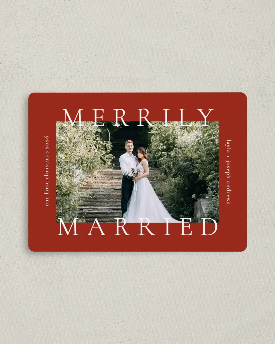 This is a 4" x 5½" Christmas Card called Merrily Framed printed in full color with a Luxe Satin finish