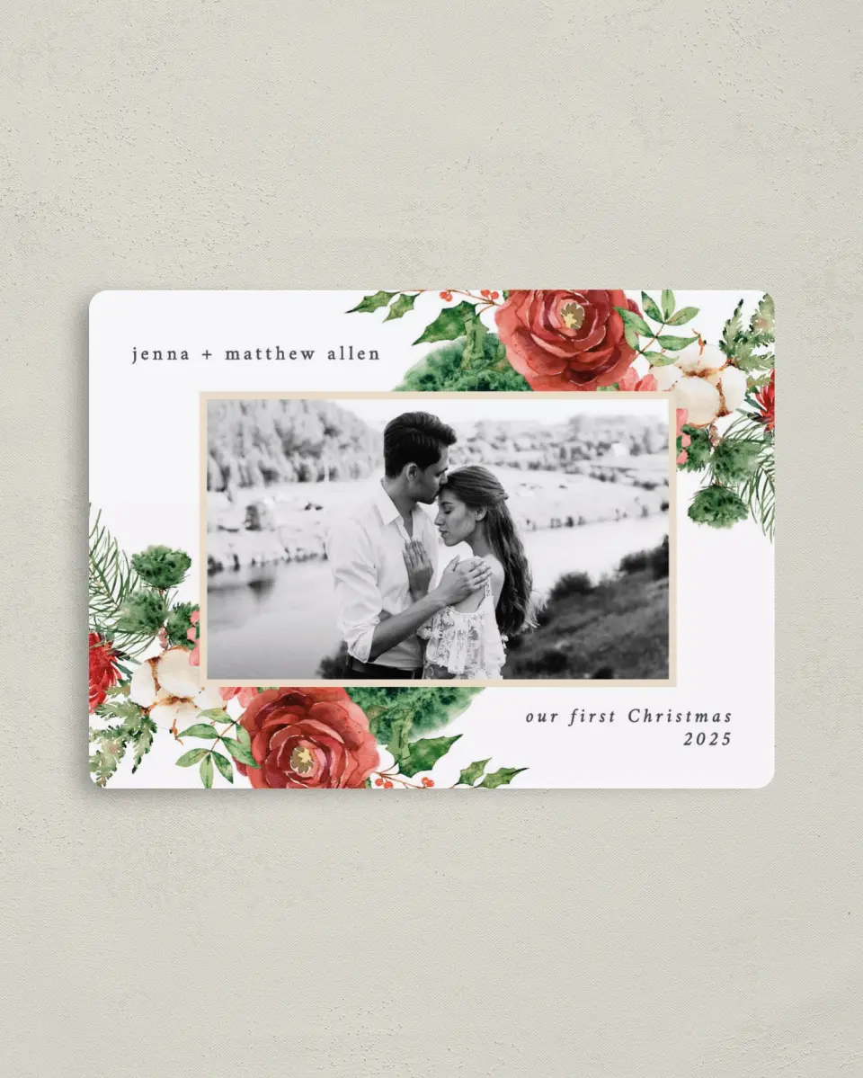 This is a 4" x 5½" Christmas Card called Christmas Roses printed in full color with Rose Gold foil and a Luxe Satin finish