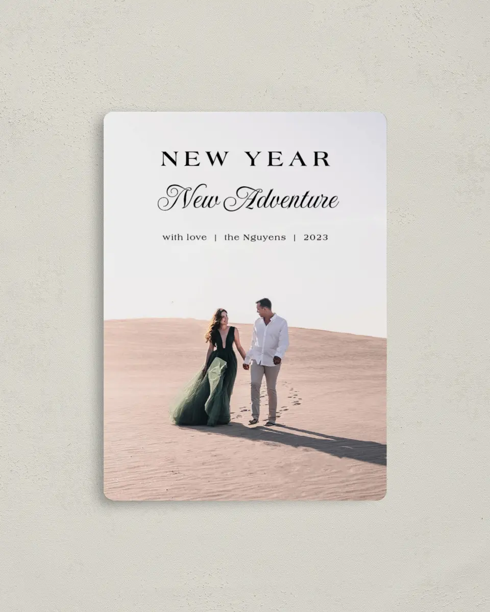 This is a 4" x 5½" Christmas Card called Year of Adventure printed in full color with a Luxe Satin finish