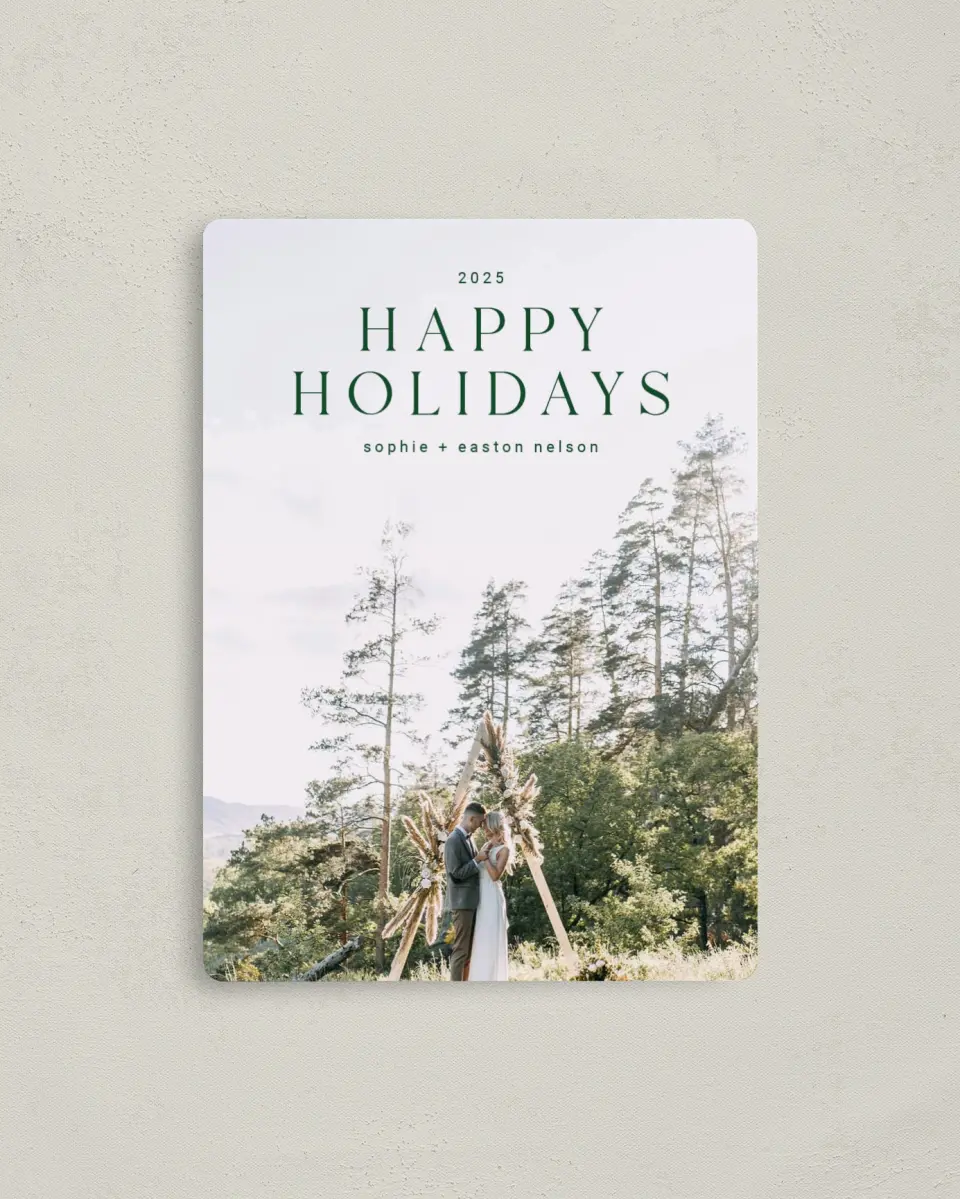 This is a 4" x 5½" Christmas Card called Spacious Holidays printed in full color with a Luxe Satin finish