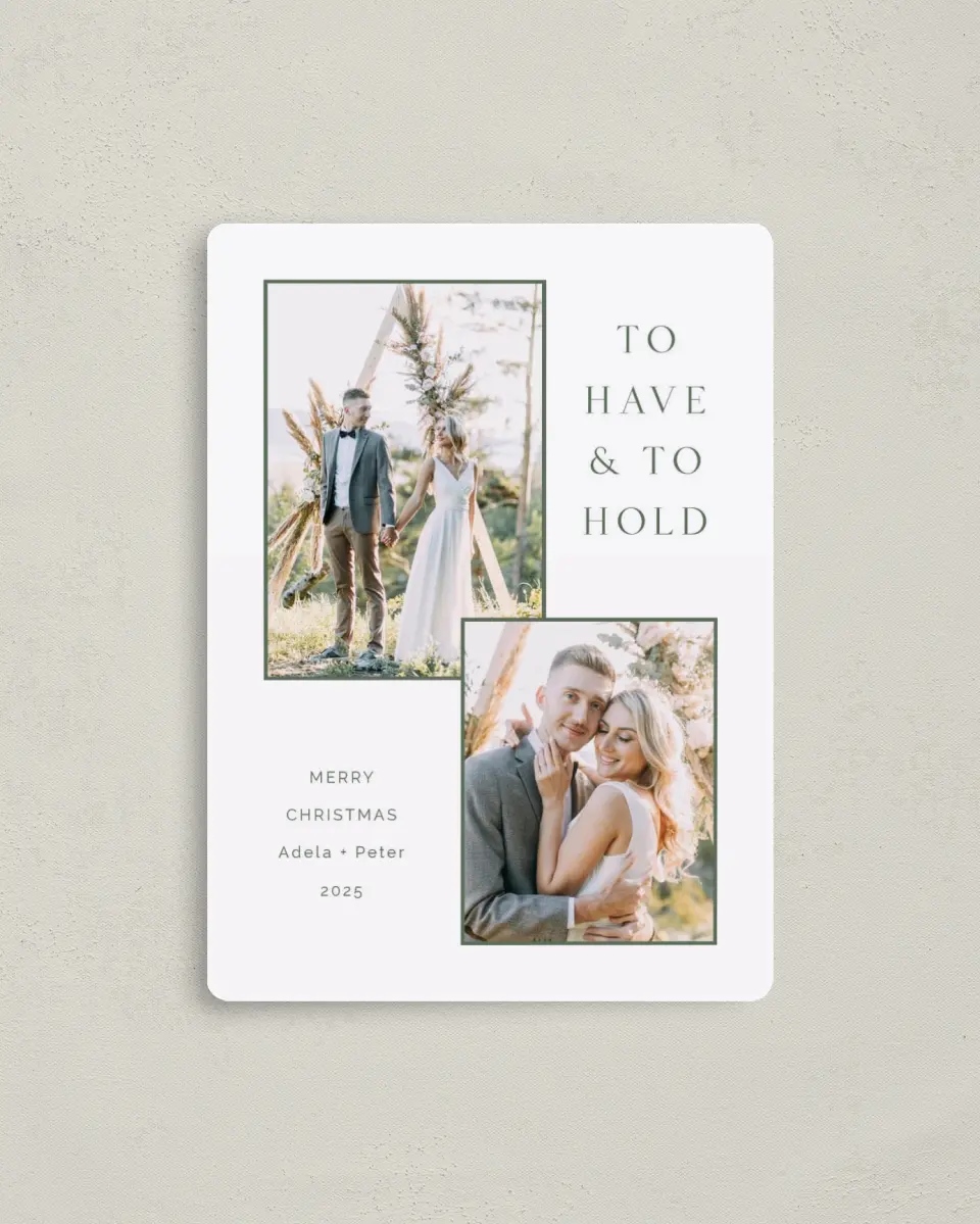 This is a 4" x 5½" Christmas Card called Holding Christmas printed in full color with a Luxe Satin finish