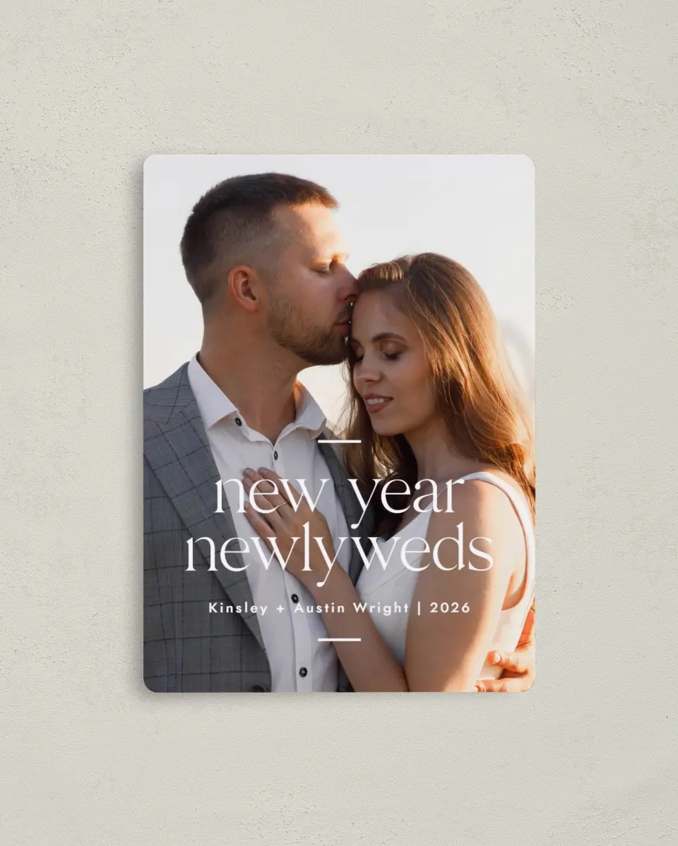 This is a 4" x 5½" Christmas Card called Newlywed Year printed in full color with a Luxe Satin finish