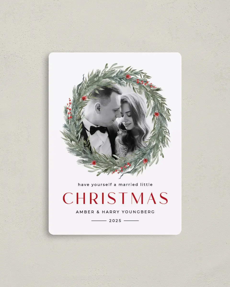 This is a 4" x 5½" Christmas Card called Delicate Boughs printed in full color with Silver foil and a Luxe Satin finish