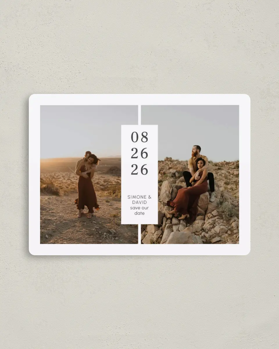 This is a 4" x 5½" Save the Date Magnet called In Between printed in full color with a Luxe Satin finish