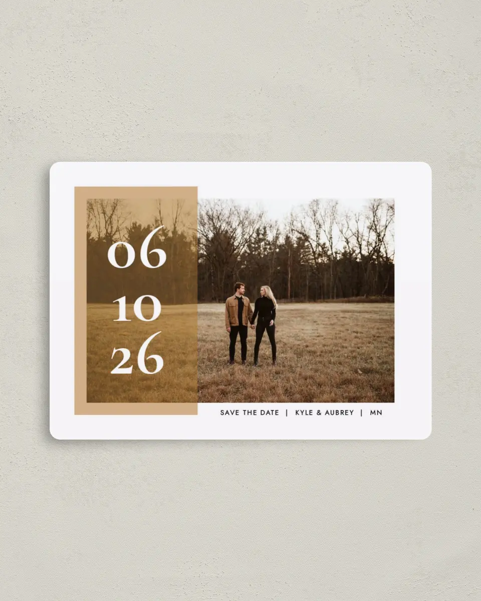This is a 4" x 5½" Save the Date Magnet called Stylish Overlay printed in full color with a Luxe Satin finish