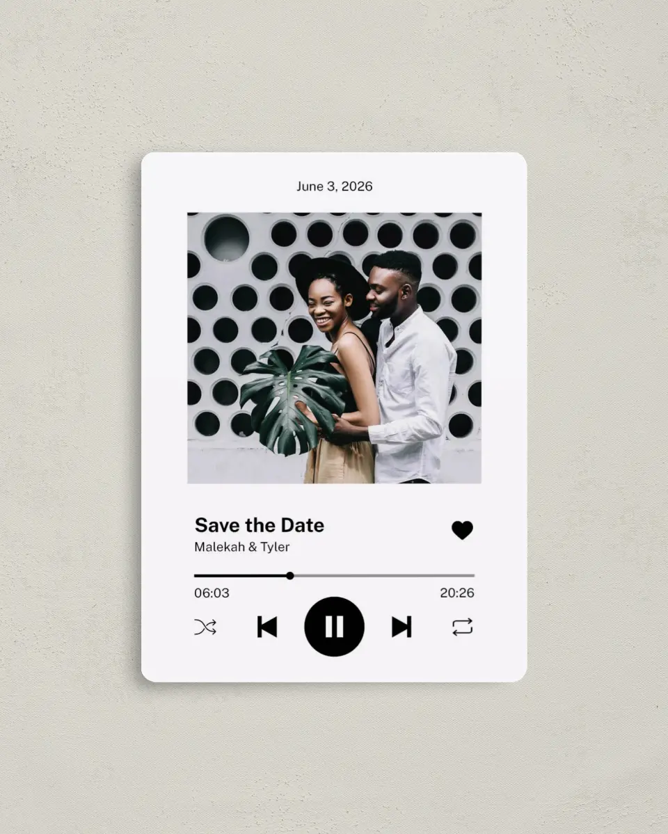 This is a 4" x 5½" Save the Date Magnet called Our Song printed in full color with a Luxe Satin finish