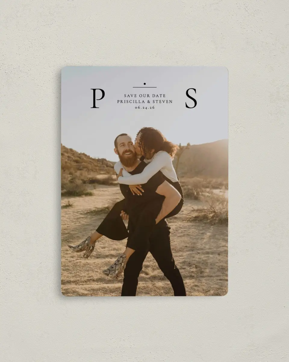 This is a 4" x 5½" Save the Date Magnet called Minimal Initial printed in full color with a Luxe Satin finish