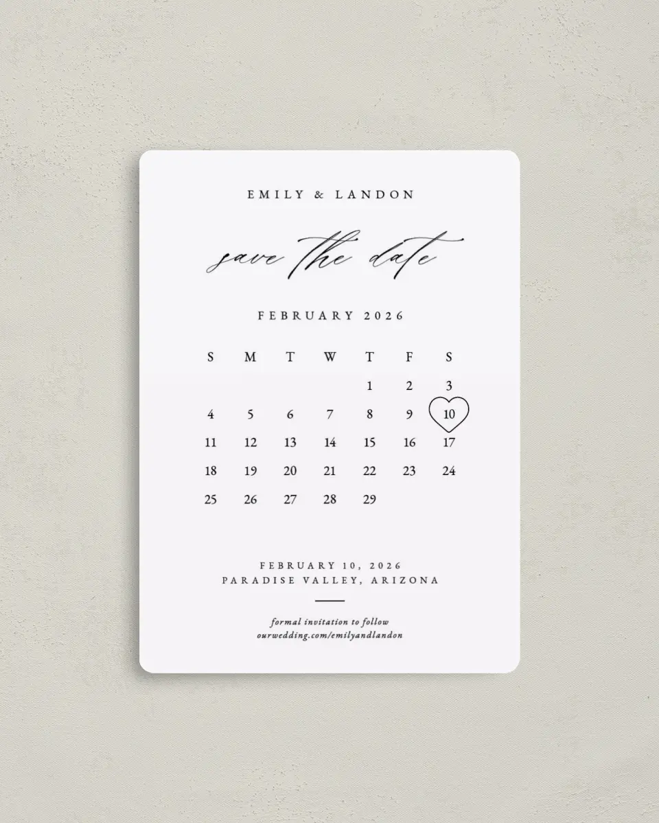 This is a 4" x 5½" Save the Date Magnet called Lovely Calendar printed in full color with a Luxe Satin finish