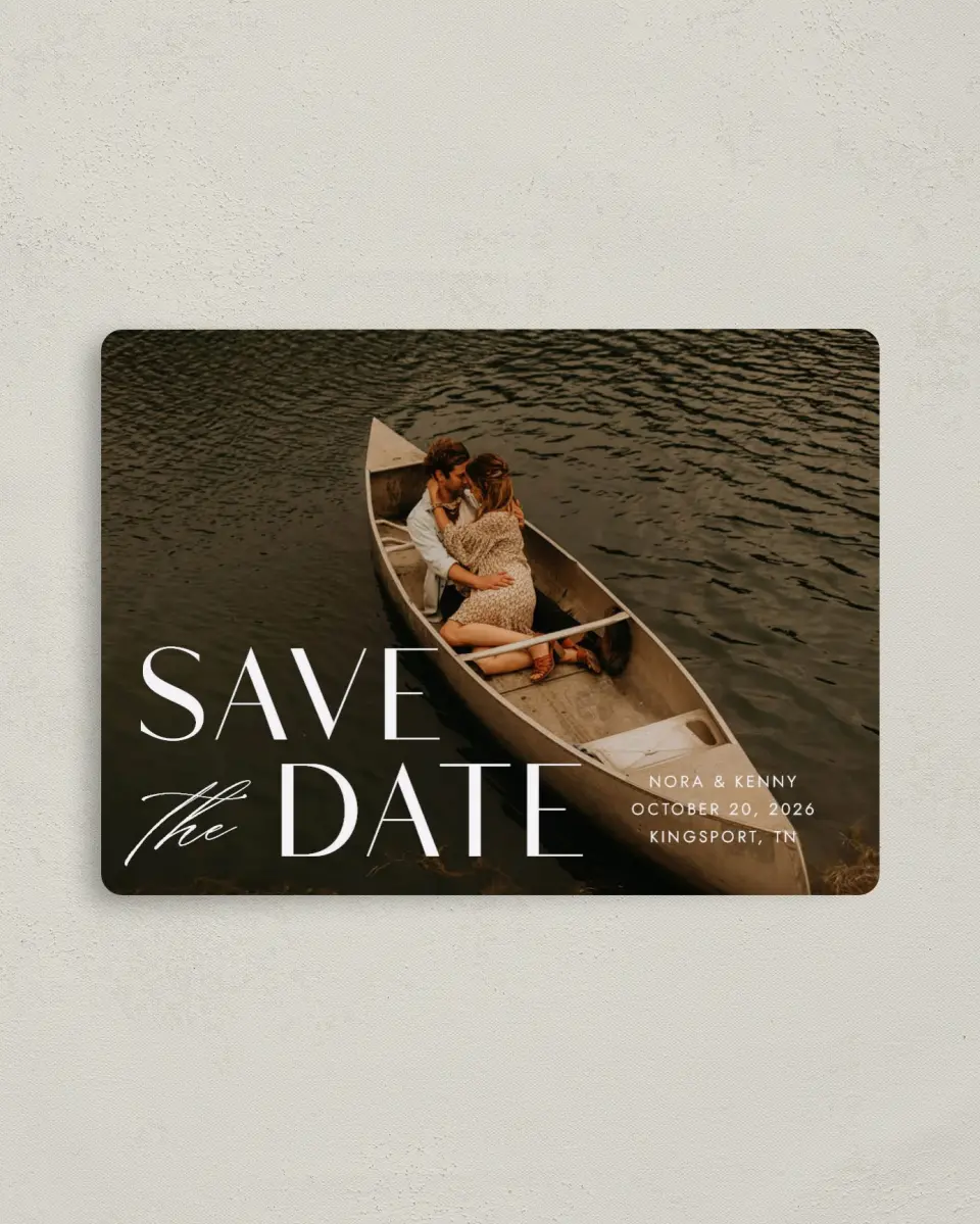 This is a 4" x 5½" Save the Date Magnet called Luxe Love printed in full color with Rose Gold foil and a Luxe Satin finish